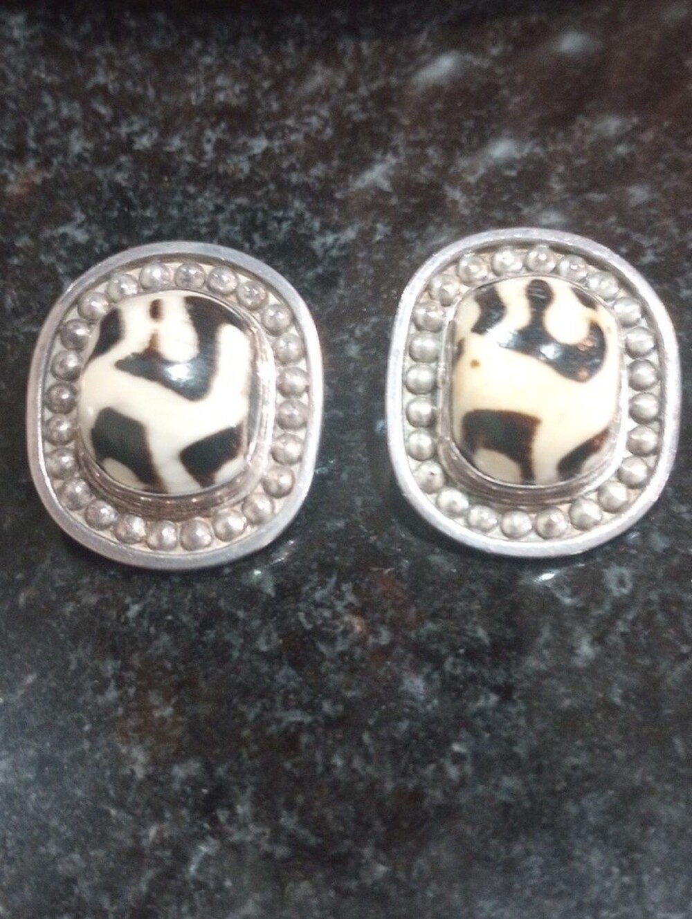 Deep Brown and Ivory Patterned Oval Stud Earriings, Sterling Silver